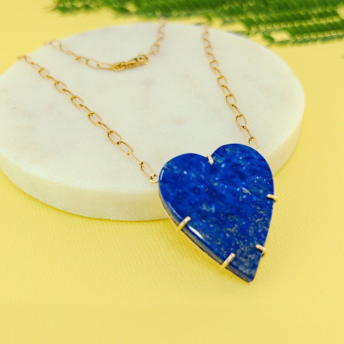 14k Yellow Gold Natural Lapis Lazuli Heart Pendant Paperclip Necklace 17.75"