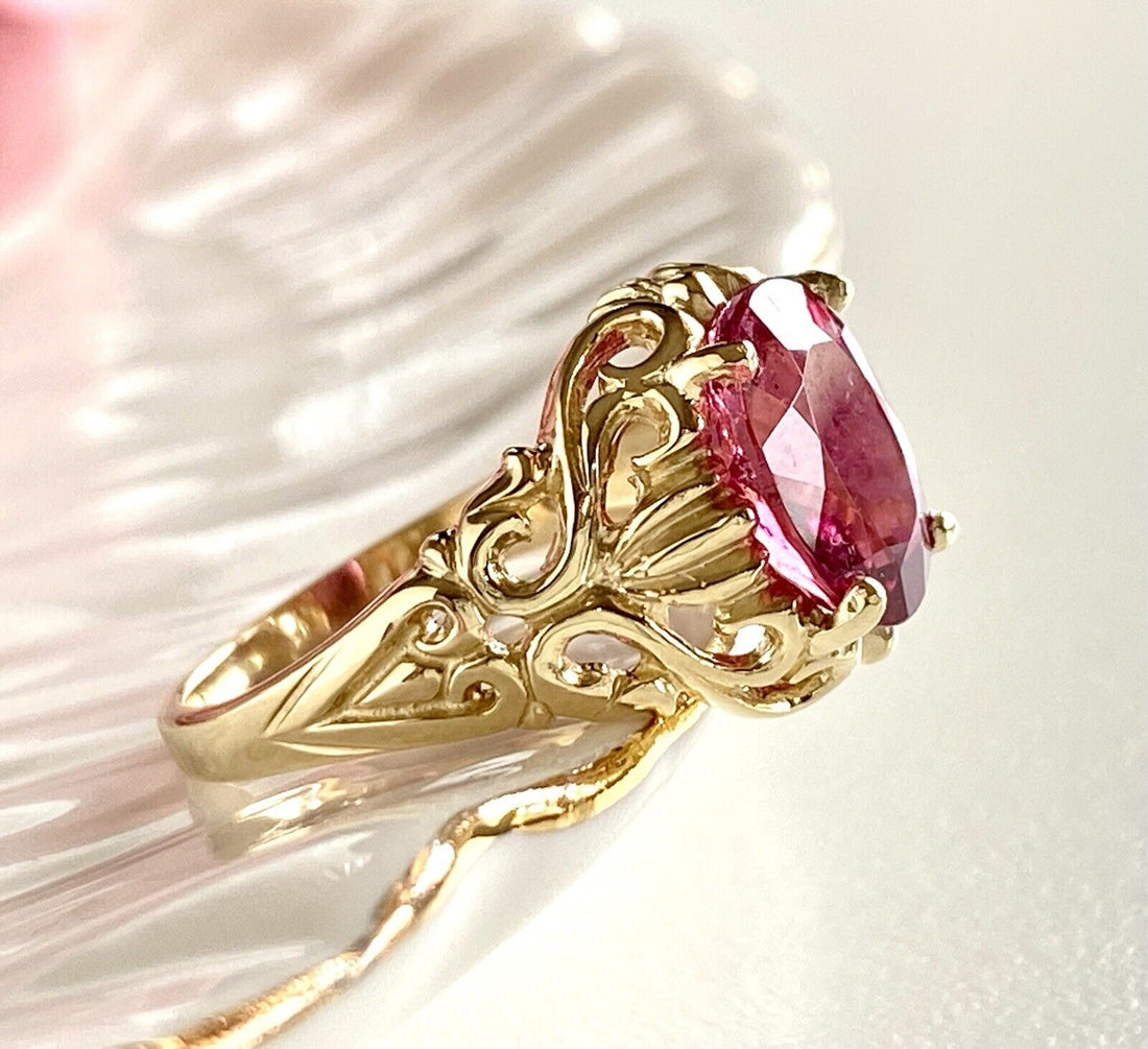 Genuine Pink Tourmaline & Solid 14k Yellow Gold Ring, New, Sz. 5.25