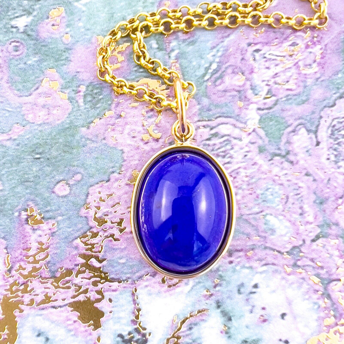 Natural Lapis Lazuli 14k Yellow Gold Oval Pendant, Unisex, Handcrafted