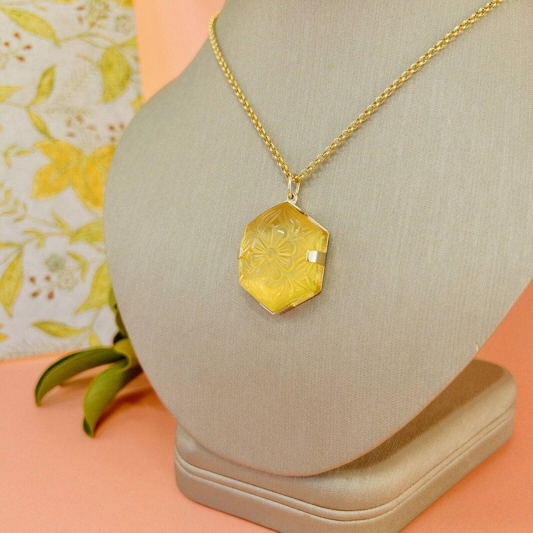 14k Yellow Gold Unique Hexagon Yellow Citrine Flower Carved Statement Pendant, N