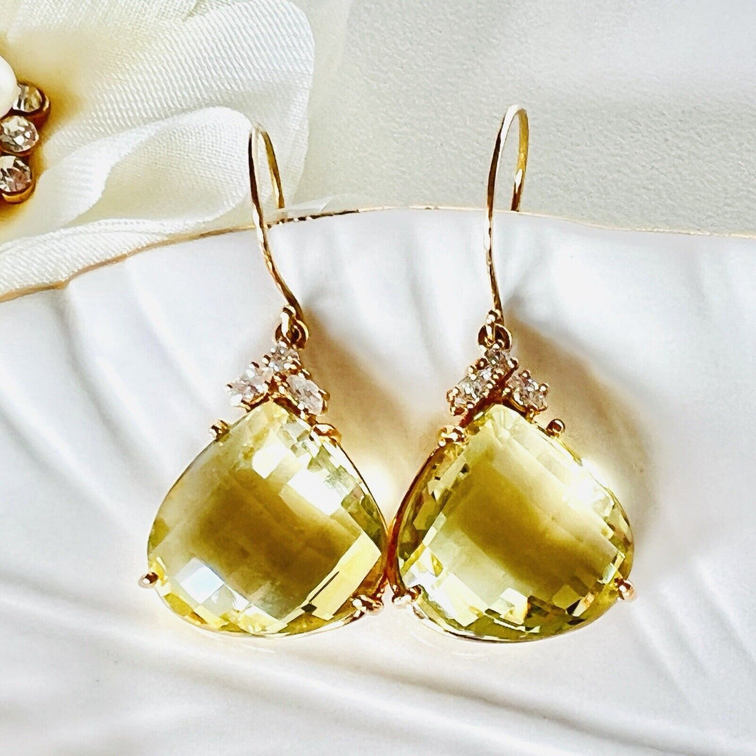 Solid 14k Yellow Gold Genuine Lemon Citrine (27ct) & Diamond Dangle Earrings