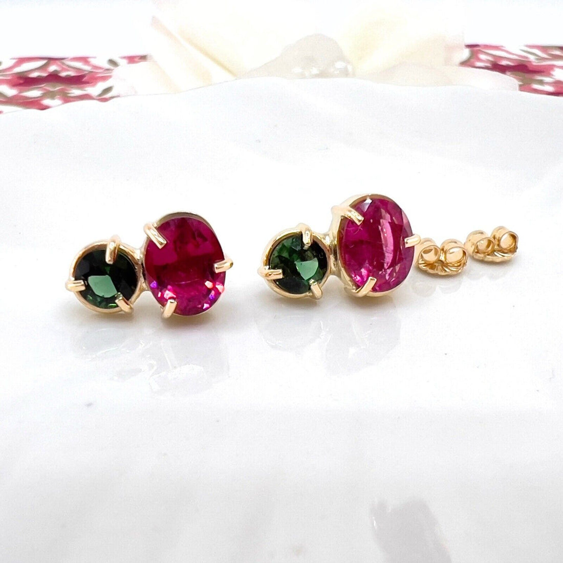 Handcrafted 14k Yellow Gold Genuine Pink & Green Tourmaline Stud Earrings, New