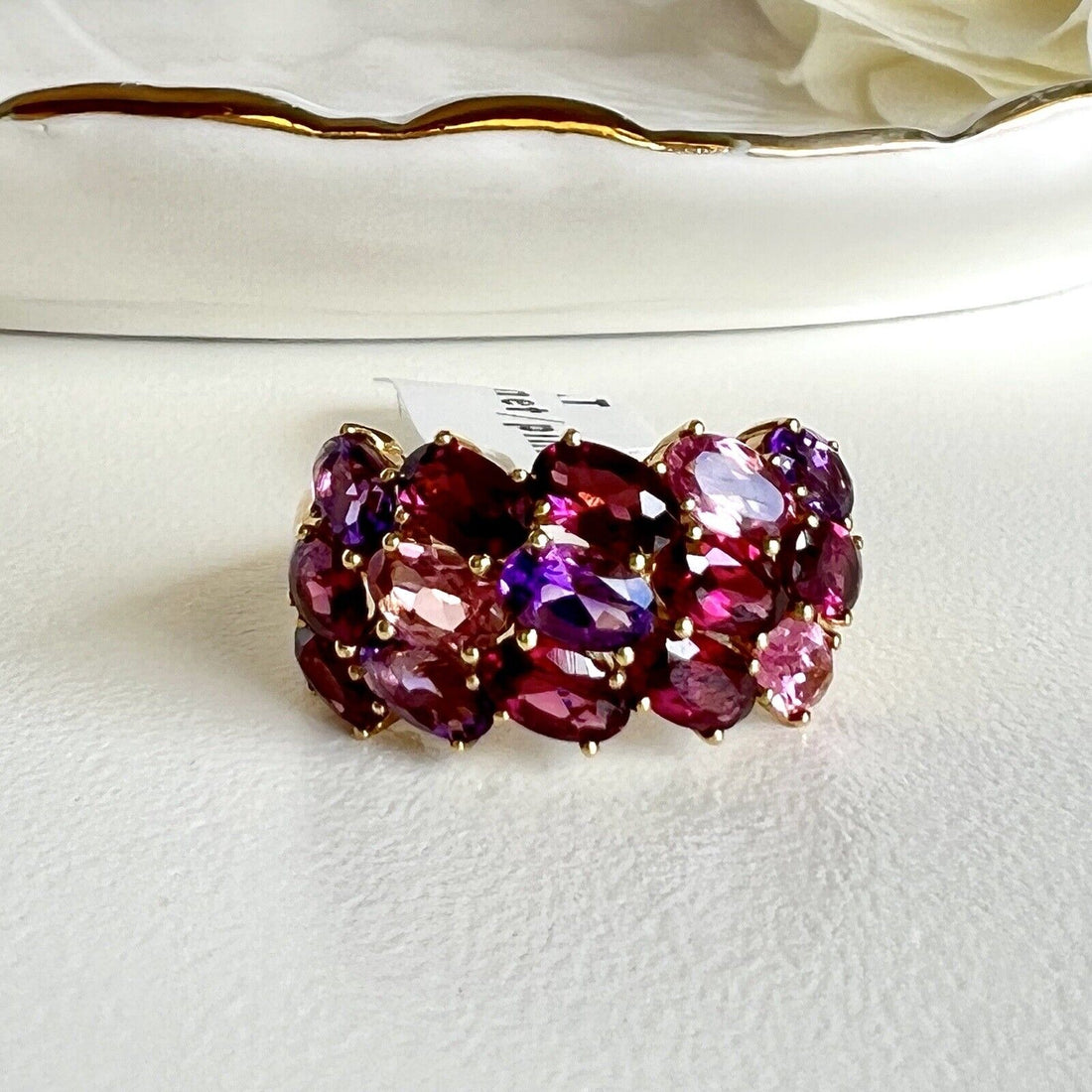 Solid 10k Yellow Gold Amethyst & Tourmaline Cluster Ring, New Size 7