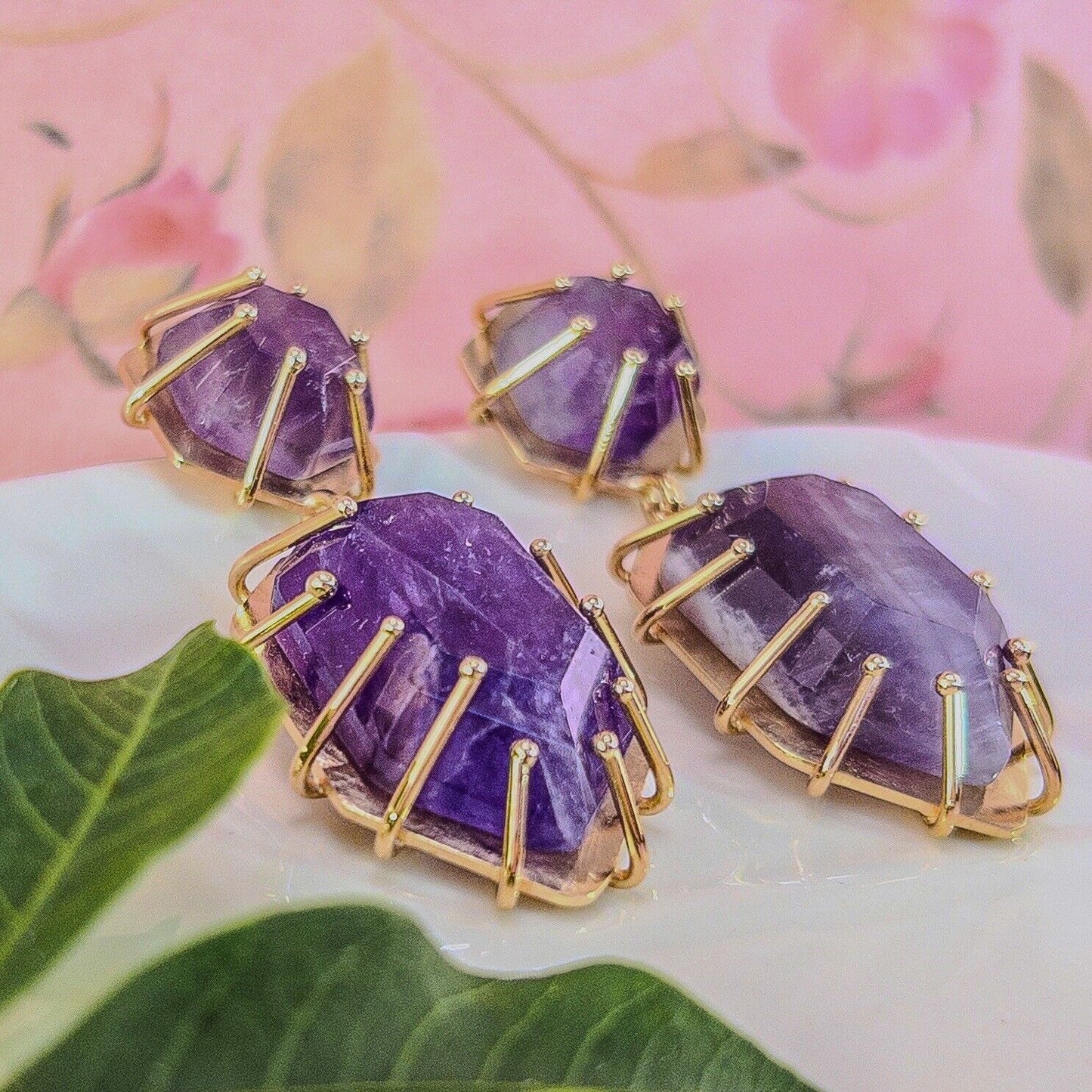 Solid 14k Yellow Gold Genuine Amethyst Modernist Custom Made Dangle Earrings 2”