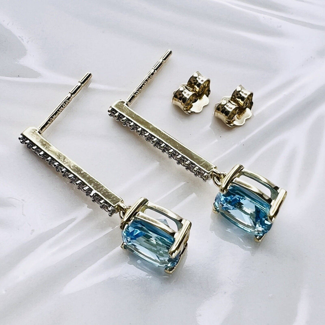 Solid 10k Yellow Gold Genuine Swiss Blue Topaz & Diamond Dangle Earrings, New