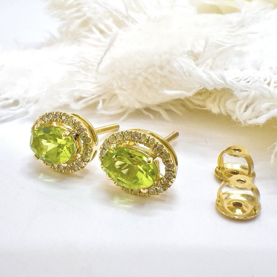 10k Yellow Gold Genuine Peridot & Diamond Halo Stud Earrings, New