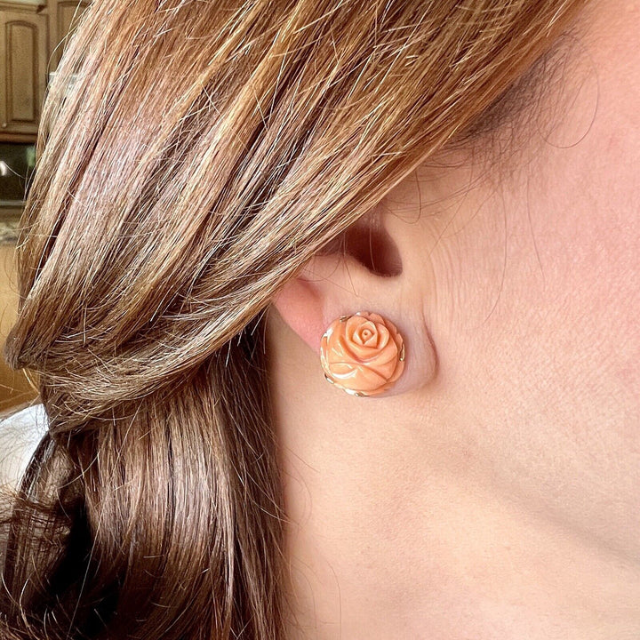 Vintage No-Dye Japanese Carved Coral Rose (14Ct) and 14K Gold Stud Earrings, New