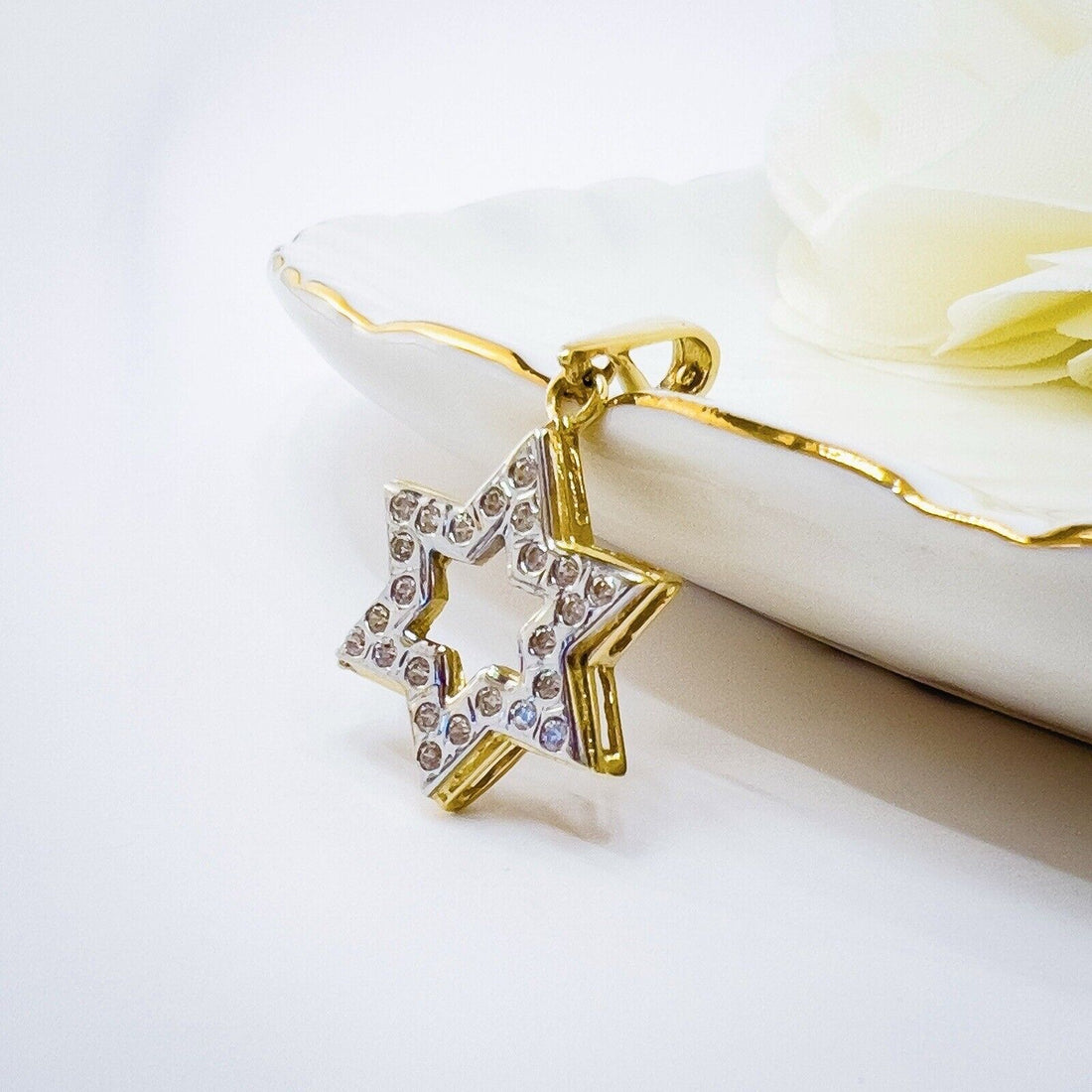 Solid 14k Yellow & White Gold & Cubic Zirconia Accent Star of David Pendant, New