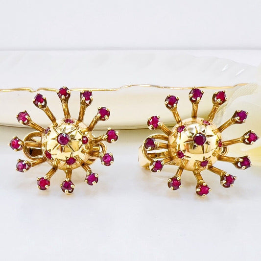 Vintage 14k Yellow Gold & Ruby "Starburst" Post & Clip Handcrafted Earrings
