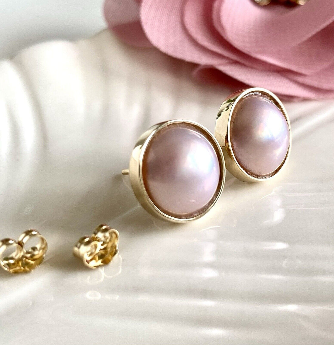 Genuine Pink Mabe Pearl (11.25mm) Solid 14K Yellow Gold Stud Earrings, New