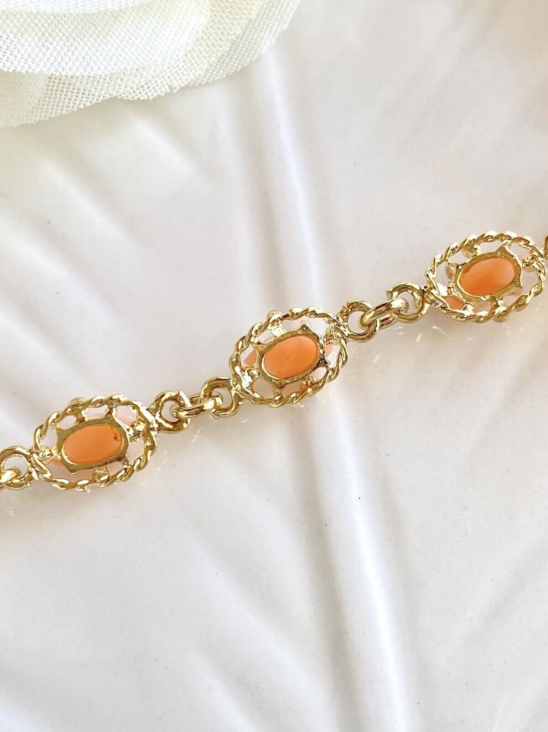 Heavy Gold Electroplated Natural Pink Coral Cabochon Bracelet, New, 6.5-7.5" SM