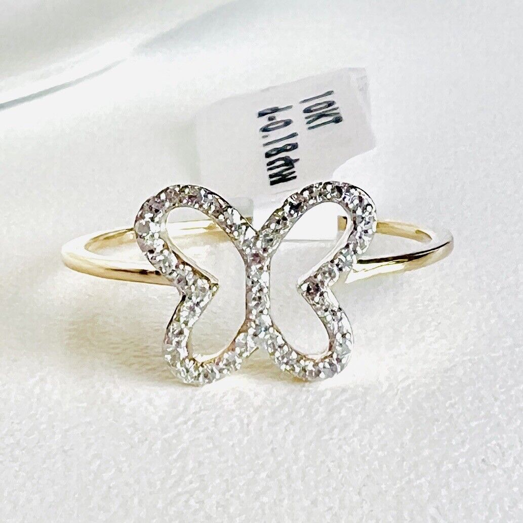 Solid 10k Yellow Gold Genuine Diamond Butterfly Cut-Out Ring, Size 7
