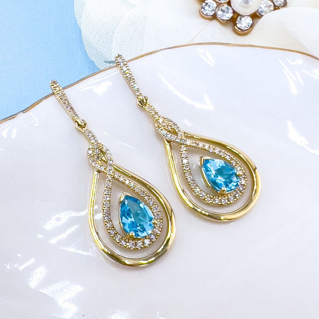 Genuine Swiss Blue Topaz & Diamond 10k Yellow Gold Dangle/Drop Earrings, New