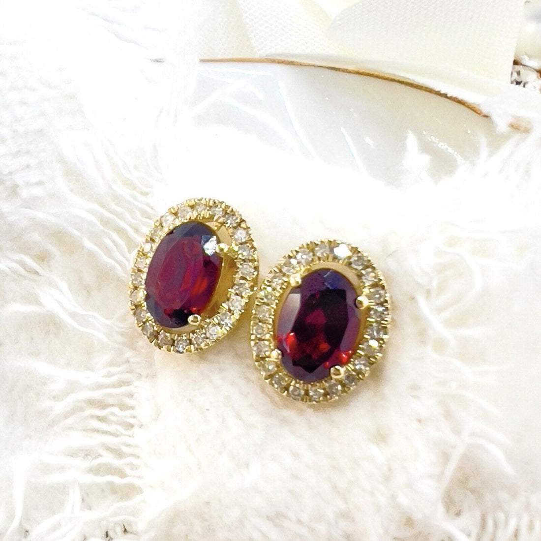 10k Yellow Gold Genuine Garnet & Diamond Halo Stud Earrings, New