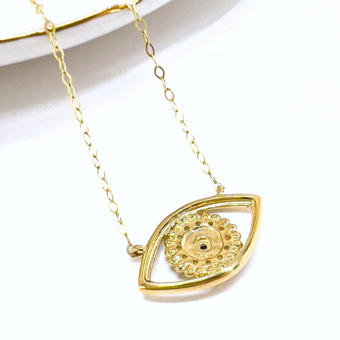 14k Yellow Gold Genuine  Diamond & Enamel Eye Protection Pendant Necklace, 17.5"