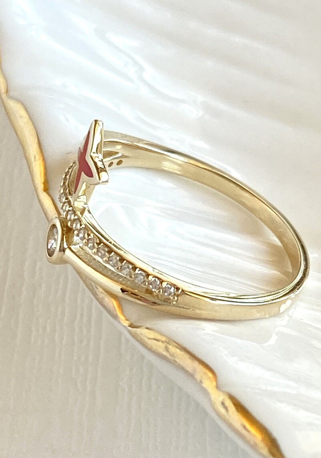 Solid 14k Yellow Gold Red Enamel & Cubic Zirconia Ring New, Size 7