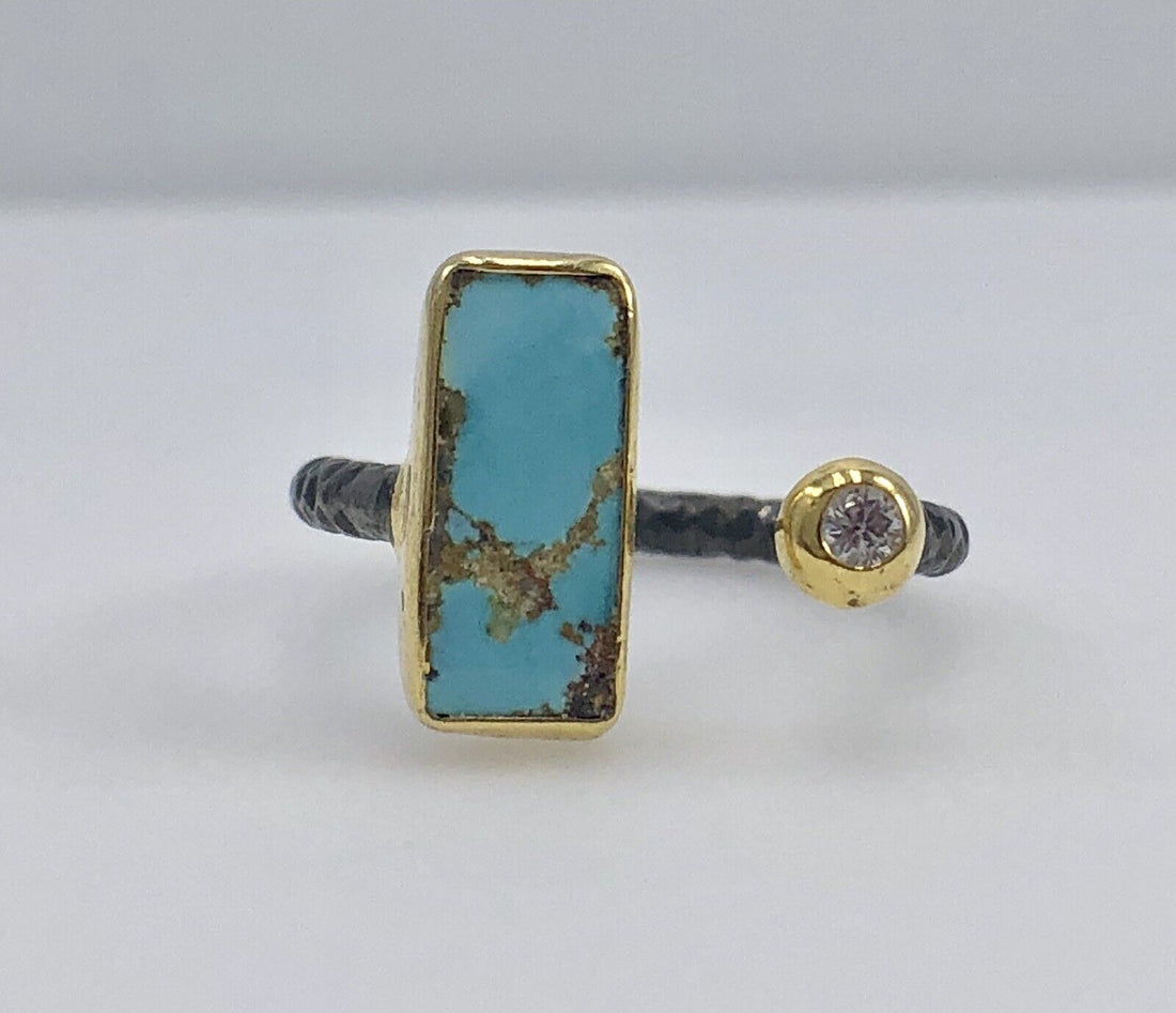 Designer Persian Turquoise & CZ Antiqued Sterling Silver & 22K Gold Ring #2