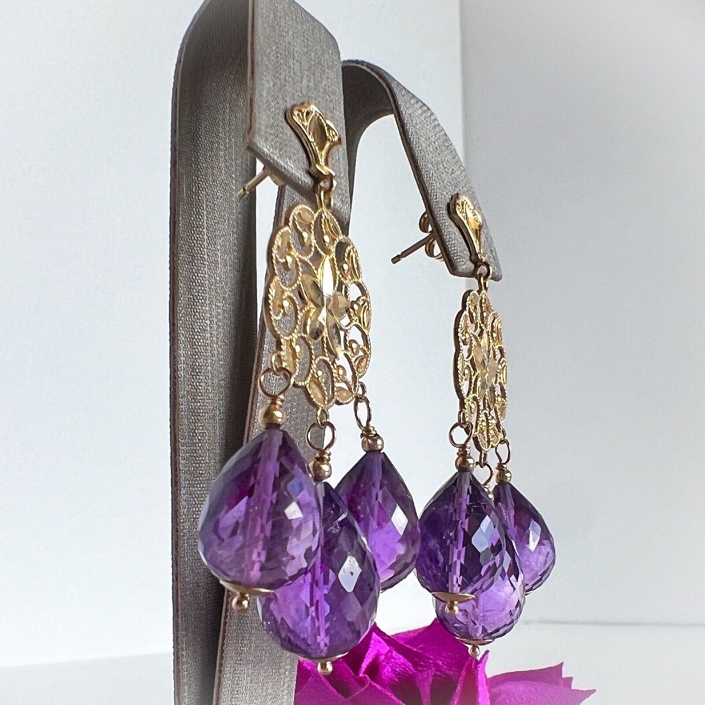 Solid 14k Yellow Gold Genuine Amethyst Briolette Chandelier Earrings, New