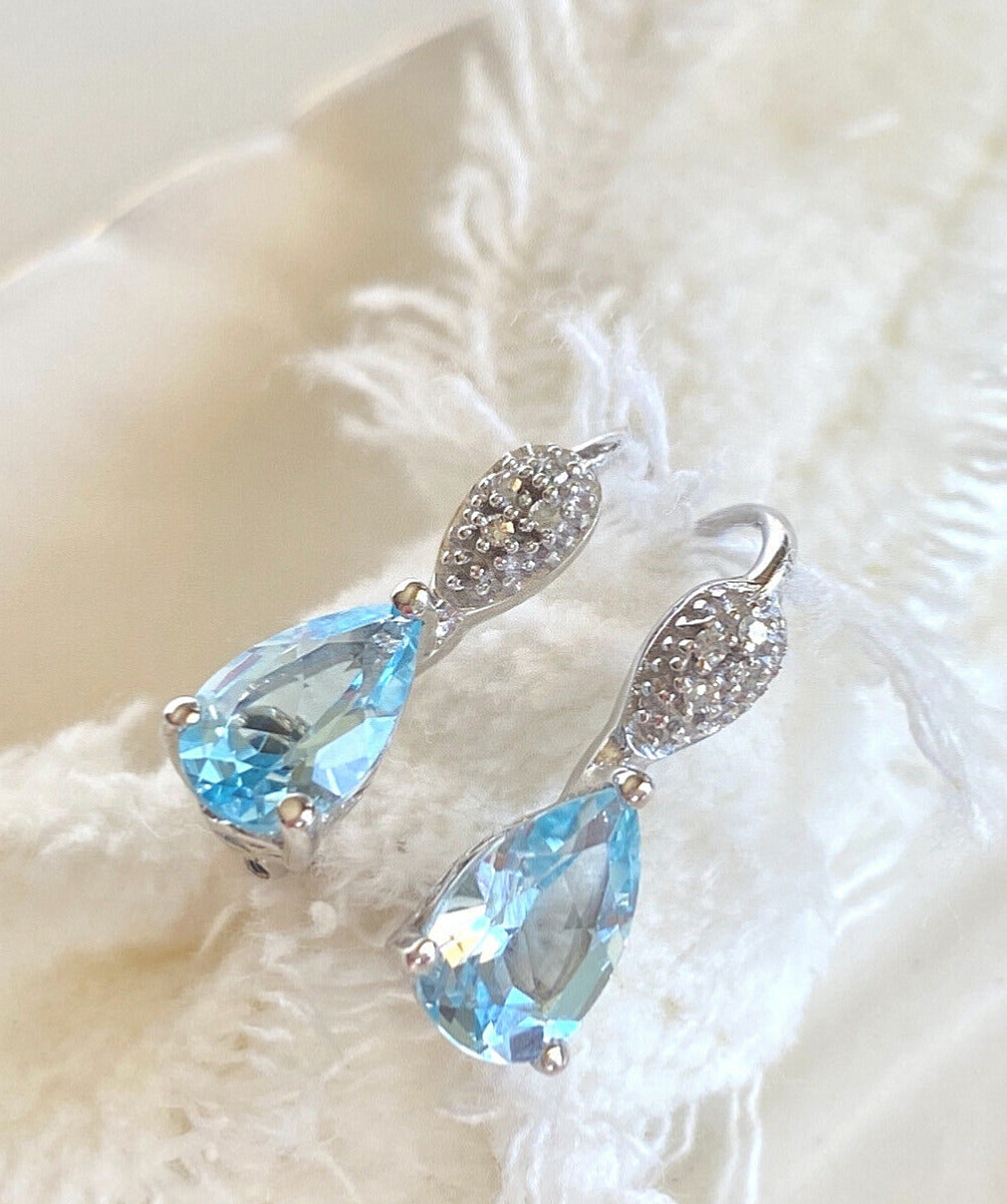 Genuine Sky Blue Topaz & Diamond 10k White Gold Dangle Leverback Earrings, New