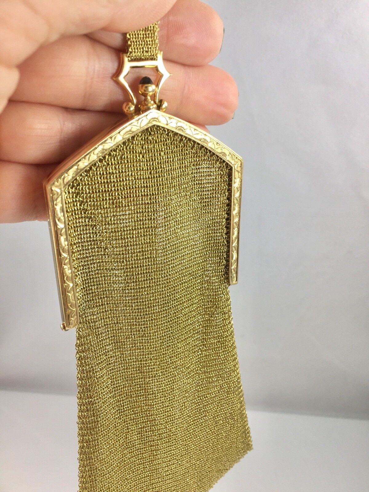 Antique Belle Epoque 18kt Solid Yellow Gold & Sapphire Hand Engraved Mesh Purse