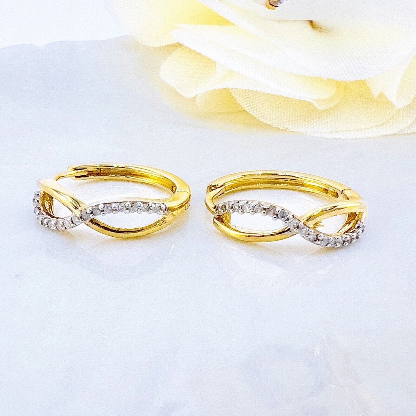 Solid 10k Yellow Gold Genuine Diamond Infinity-Design Hoop Earrings, New