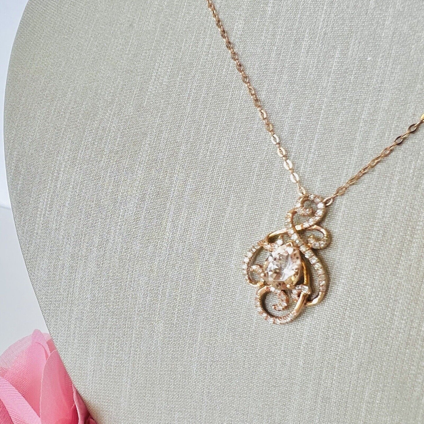 Solid 10k Rose Gold Genuine Morganite & Diamond Pendant/Necklace, New 17"