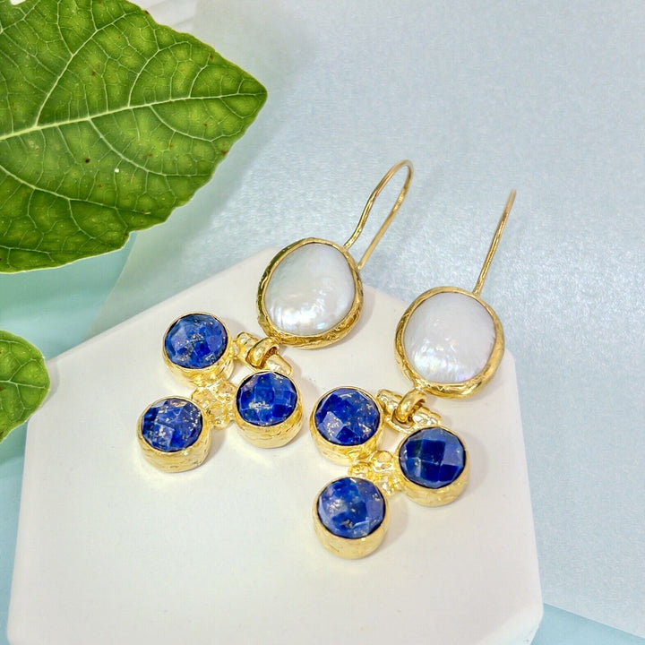 Natural Lapis Lazuli & Coin Pearl Gold Plated Dangle/Drop Earring, New 2"