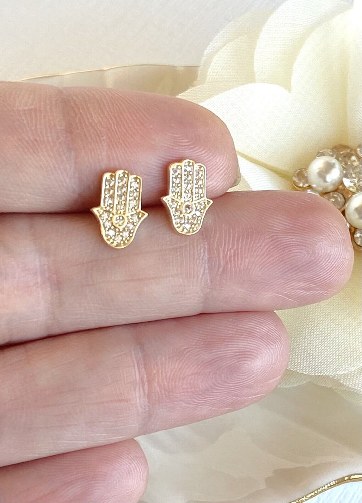 Solid 14K Yellow Gold & Cubic Zirconia Hamsa Hand Stud Earrings, New