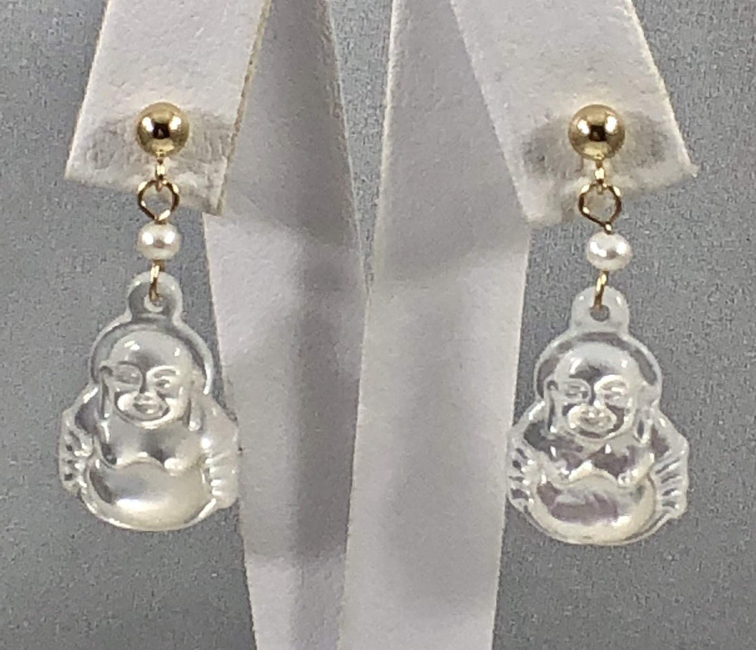 14kt Yellow Gold Mother of Pearl Buddha & Genuine Pearl Earrings, New