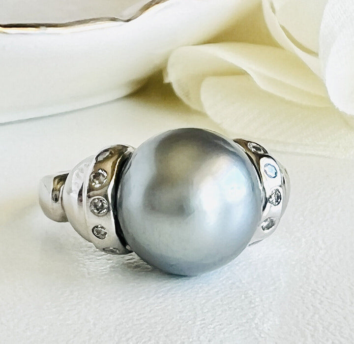 Top-Quality Tahitian Gray Pearl & Diamond Solid 14k White Gold Ring, New Sz. 7.5