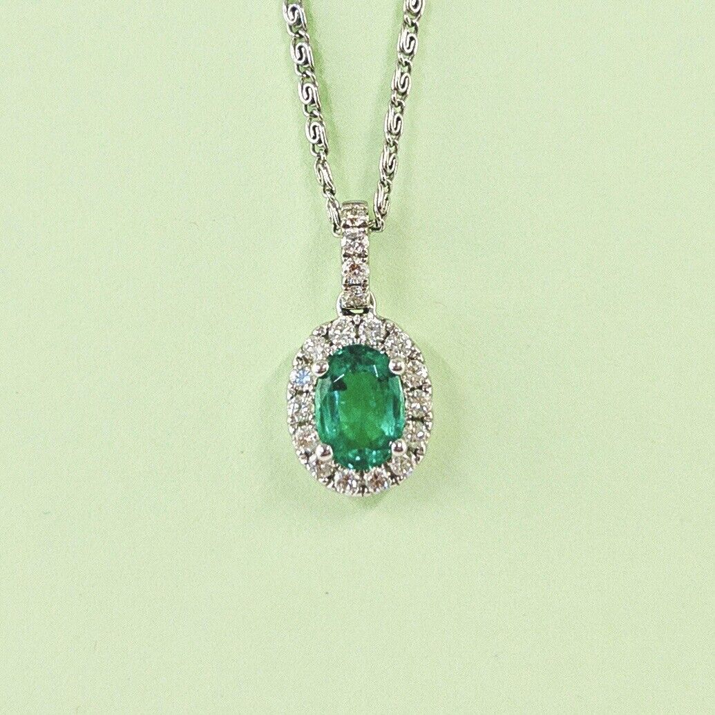 Solid 14k White Gold Genuine Colombian Emerald & Diamond Oval Pendant, New