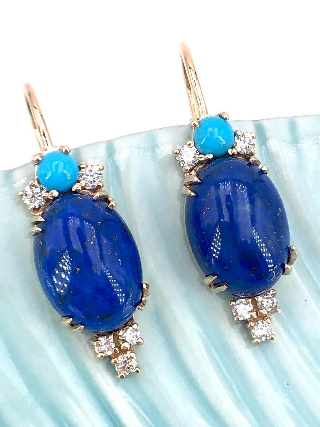 Genuine 14k Gold, Natural Lapis Lazuli, Turquoise & Diamond Dangle Earrings, New