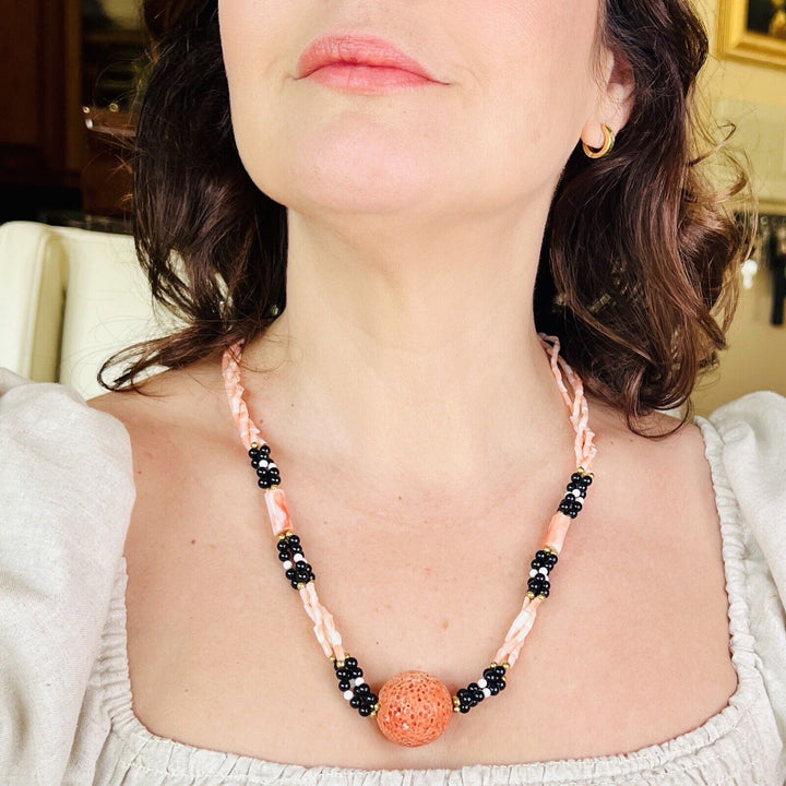 Vintage Natural Salmon Pink/White Coral, Onyx Beaded Woven Necklace, 24"