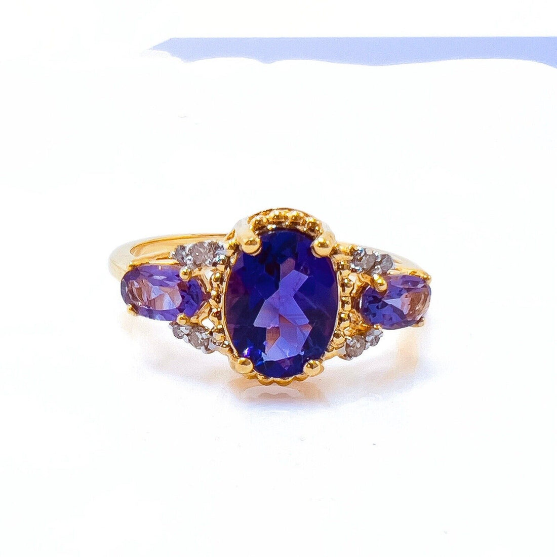 Solid 10k Yellow Gold Genuine Amethyst & Diamond 3-Stone Ring, New Size 7