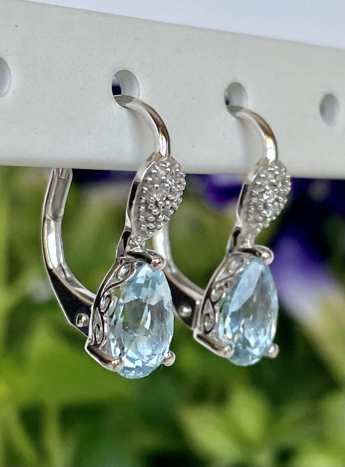 Genuine Sky Blue Topaz & Diamond 10k White Gold Dangle Leverback Earrings, New