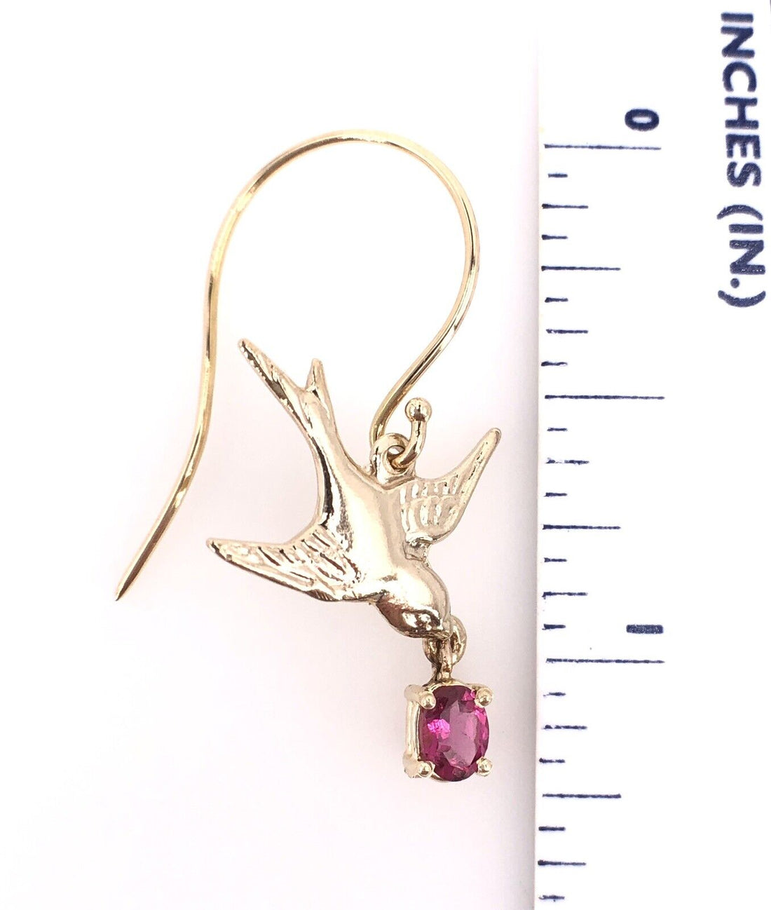 Solid 14K Yellow Gold Swallows & Pink Tourmaline Dangle/Drop Earrings, New 1.32"