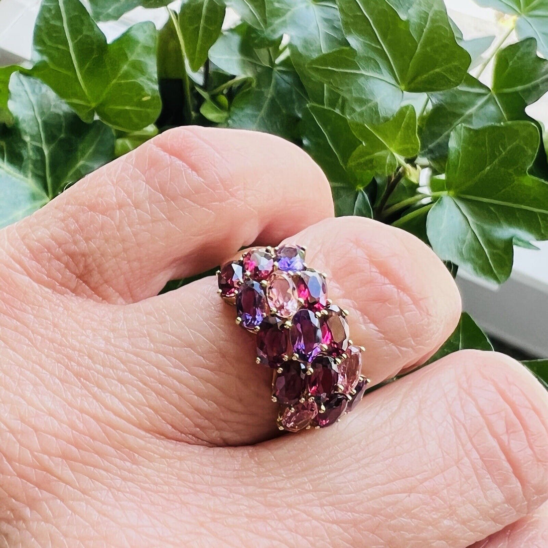 Solid 10k Yellow Gold Amethyst & Tourmaline Cluster Ring, New Size 7