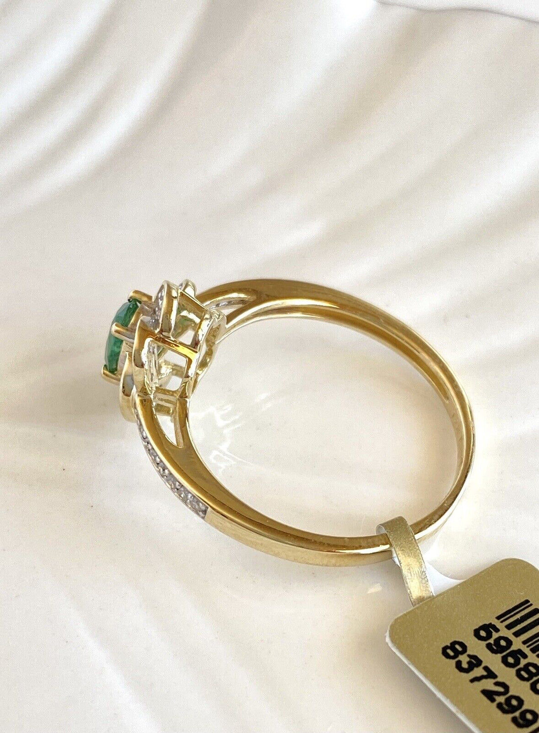 Genuine Emerald & Solid 14k Yellow Gold Swirl Halo Ring, New, Size 7