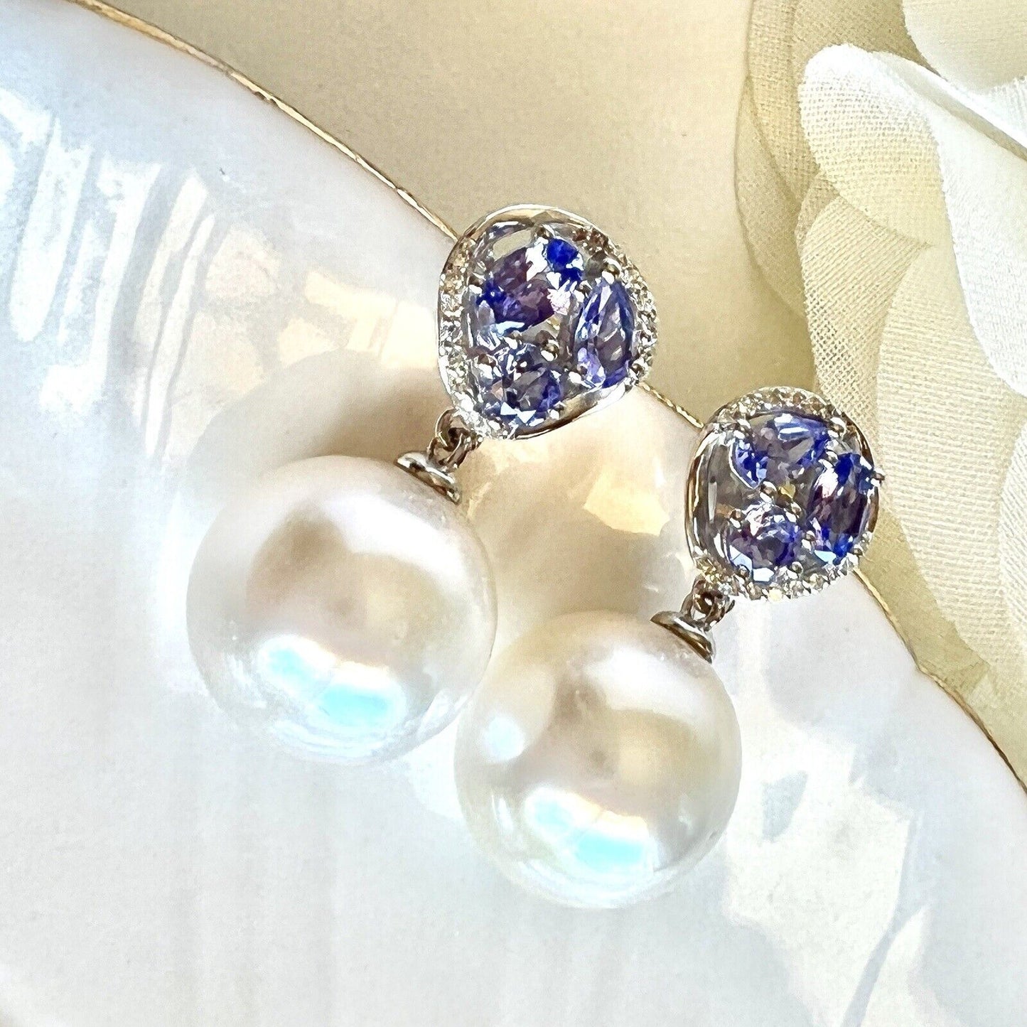 Genuine Tanzanite, Diamond & Pearl Solid 14k White Gold Dangle/Drop Earrings New