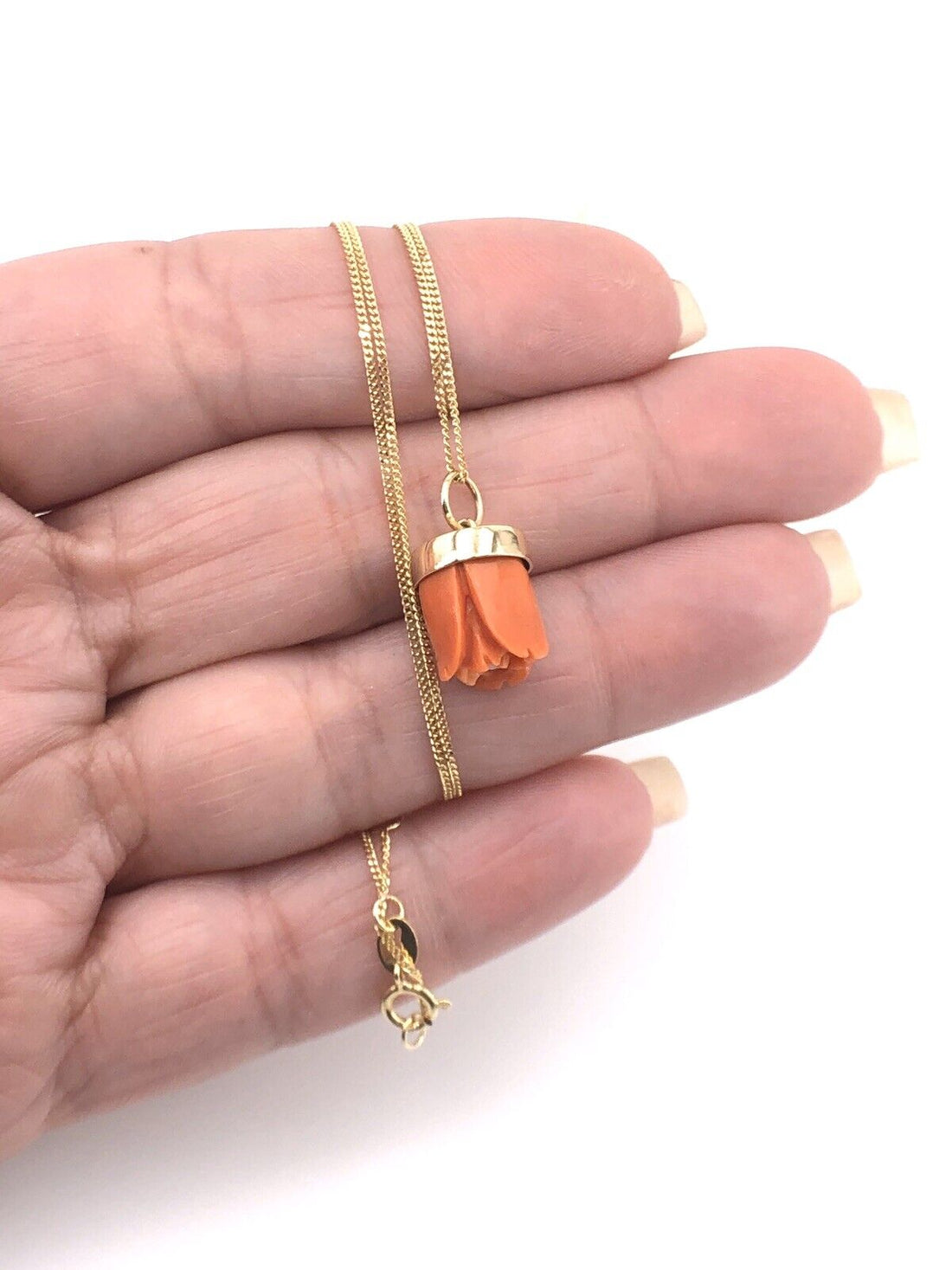 Untreated Salmon Coral Rose Bud 14k Yellow Gold Hand-Made Pendant/Necklace, New