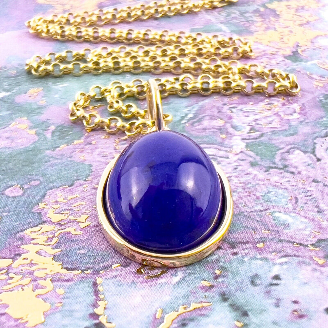 Natural Lapis Lazuli 14k Yellow Gold Oval Pendant, Unisex, Handcrafted