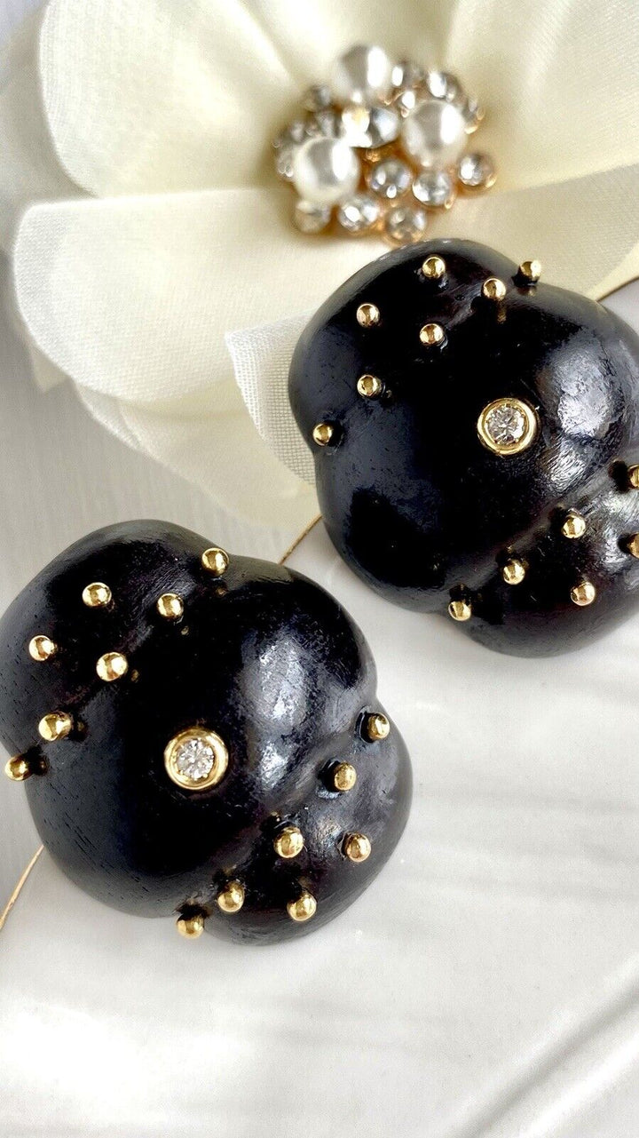 Unique 18K Yellow Gold Ebony and Diamond Stud Earrings