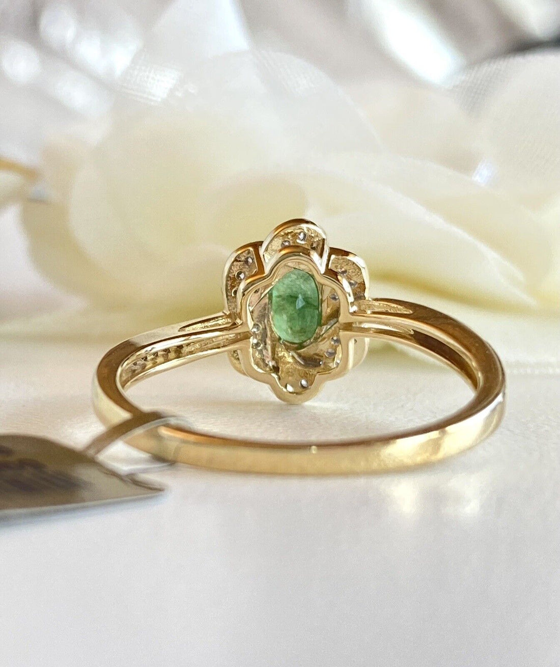 Genuine Emerald & Solid 14k Yellow Gold Swirl Halo Ring, New, Size 7