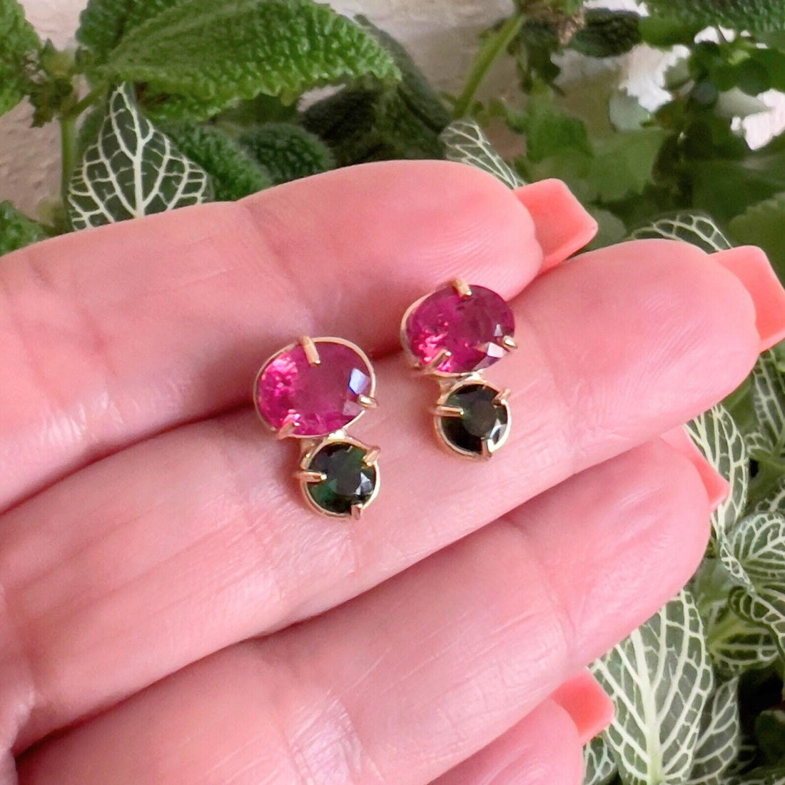 Handcrafted 14k Yellow Gold Genuine Pink & Green Tourmaline Stud Earrings, New