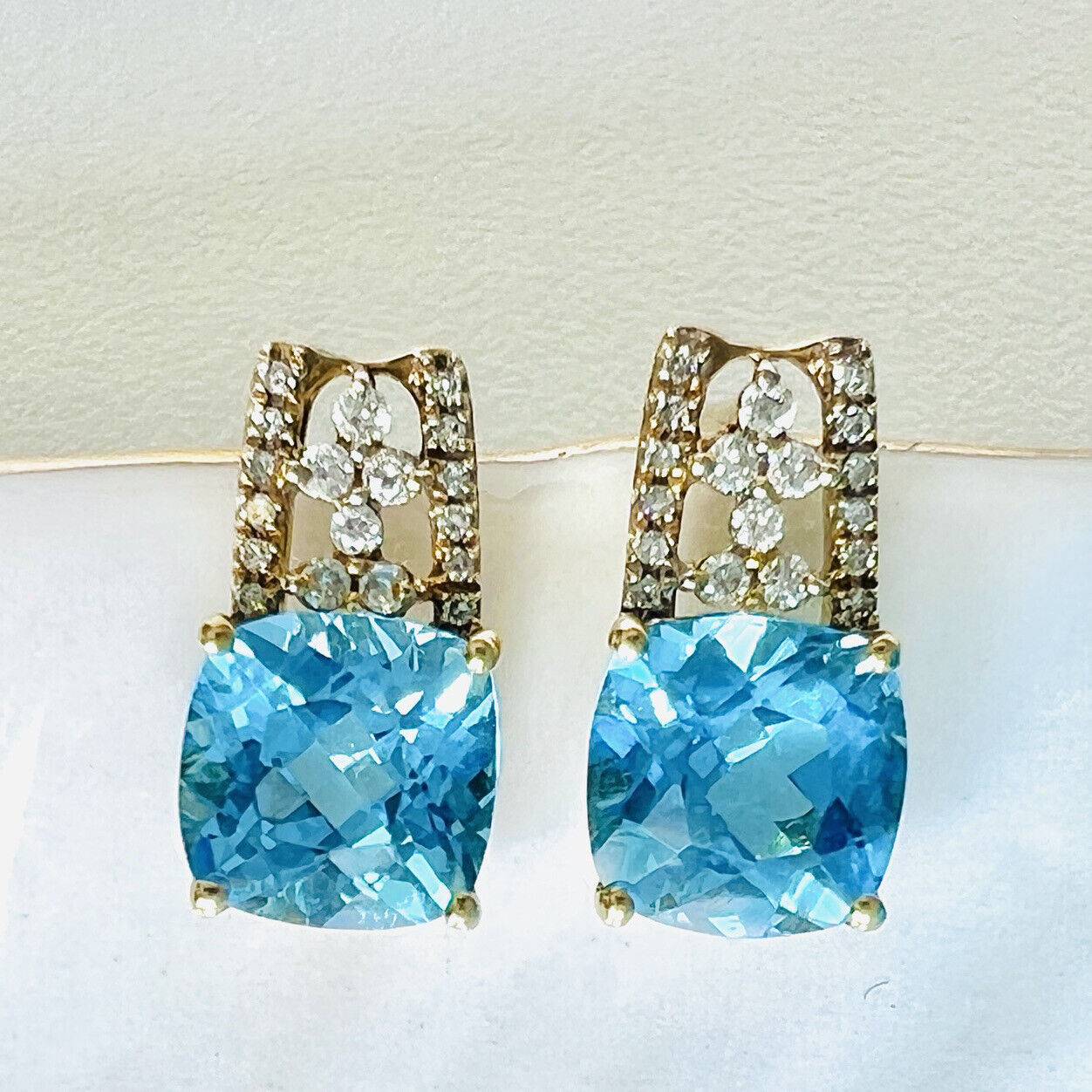 Solid 10k Yellow Gold Genuine Blue Topaz & Diamond Stud Earrings, New