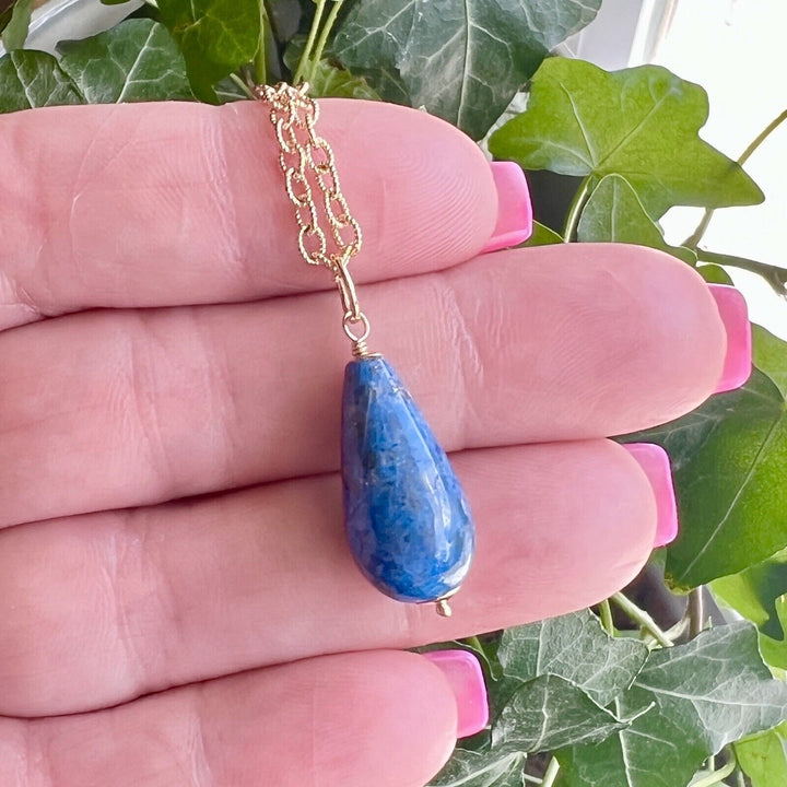 Solid 14k Yellow Gold Natural Lapis Lazuli Drop Pendant, 1.24", New A