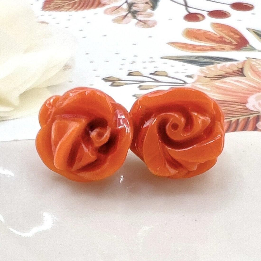 14k Yellow Gold Genuine Italian Red Coral Roses Stud Earrings, Newly Handcrafted