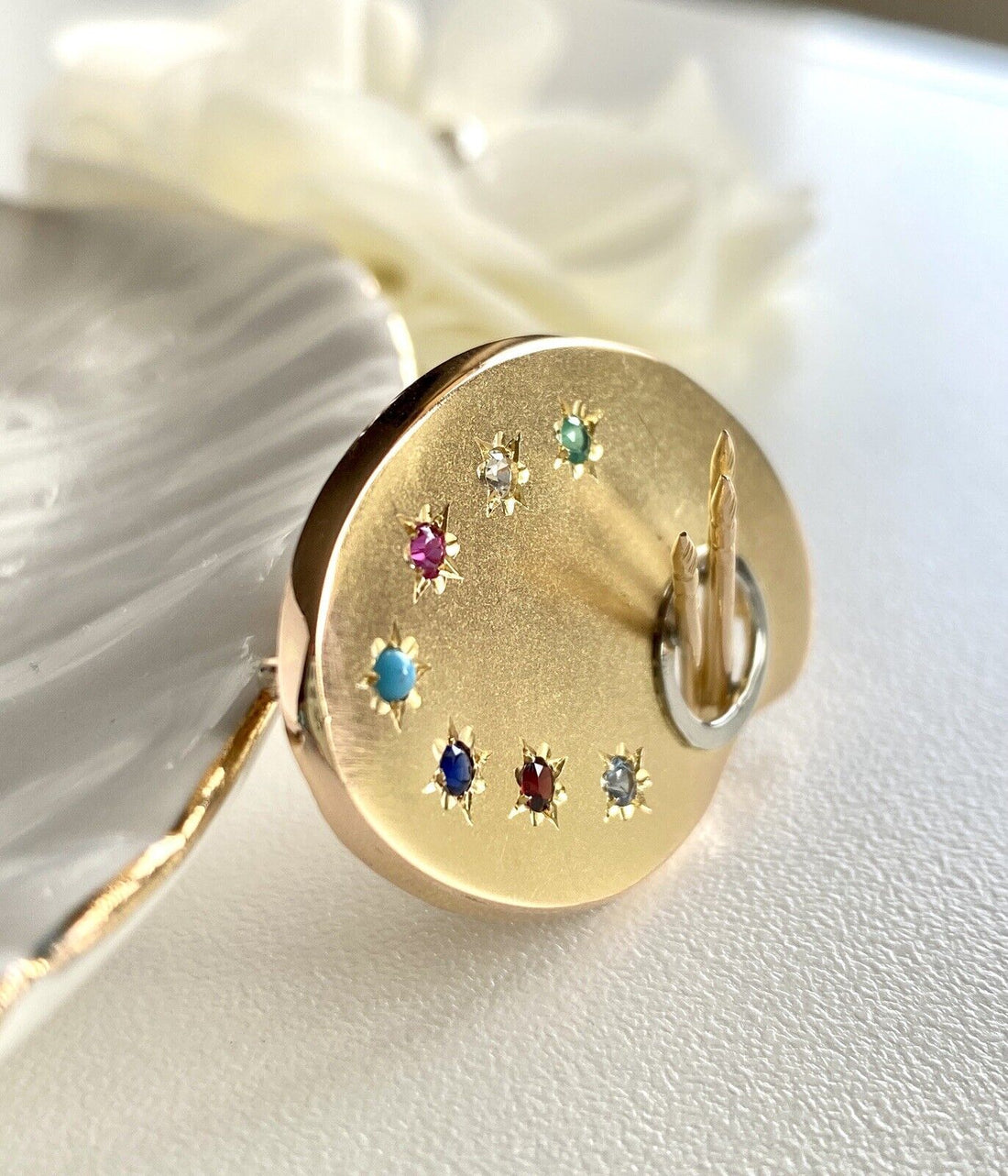 18k Yellow Gold Artist's Palette Multi-Gemstone Pin/Pendant, Italy, Pre-owned