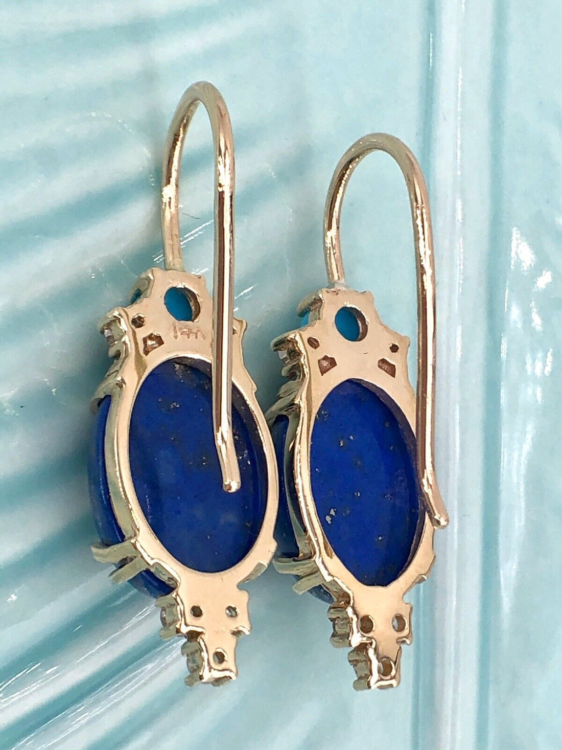 Genuine 14k Gold, Natural Lapis Lazuli, Turquoise & Diamond Dangle Earrings, New