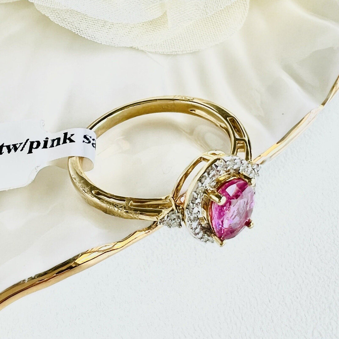 Solid 10k Yellow Gold Genuine Pink Sapphire & Diamonds Halo Ring, New, Size 7